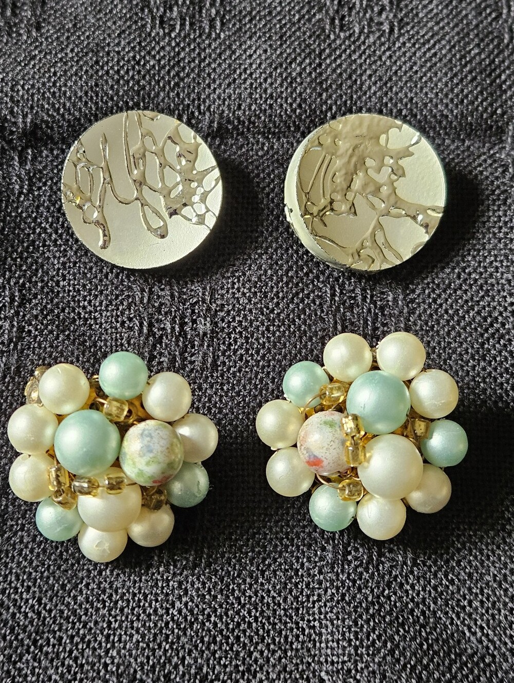 Pearl Cluster Clip-On Earrings in Mint Green and Ivory And Silver Artsy Design.